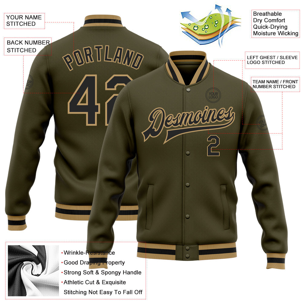 Custom Olive Black-Old Gold Bomber Full-Snap Varsity Letterman Salute To Service Jacket view 5