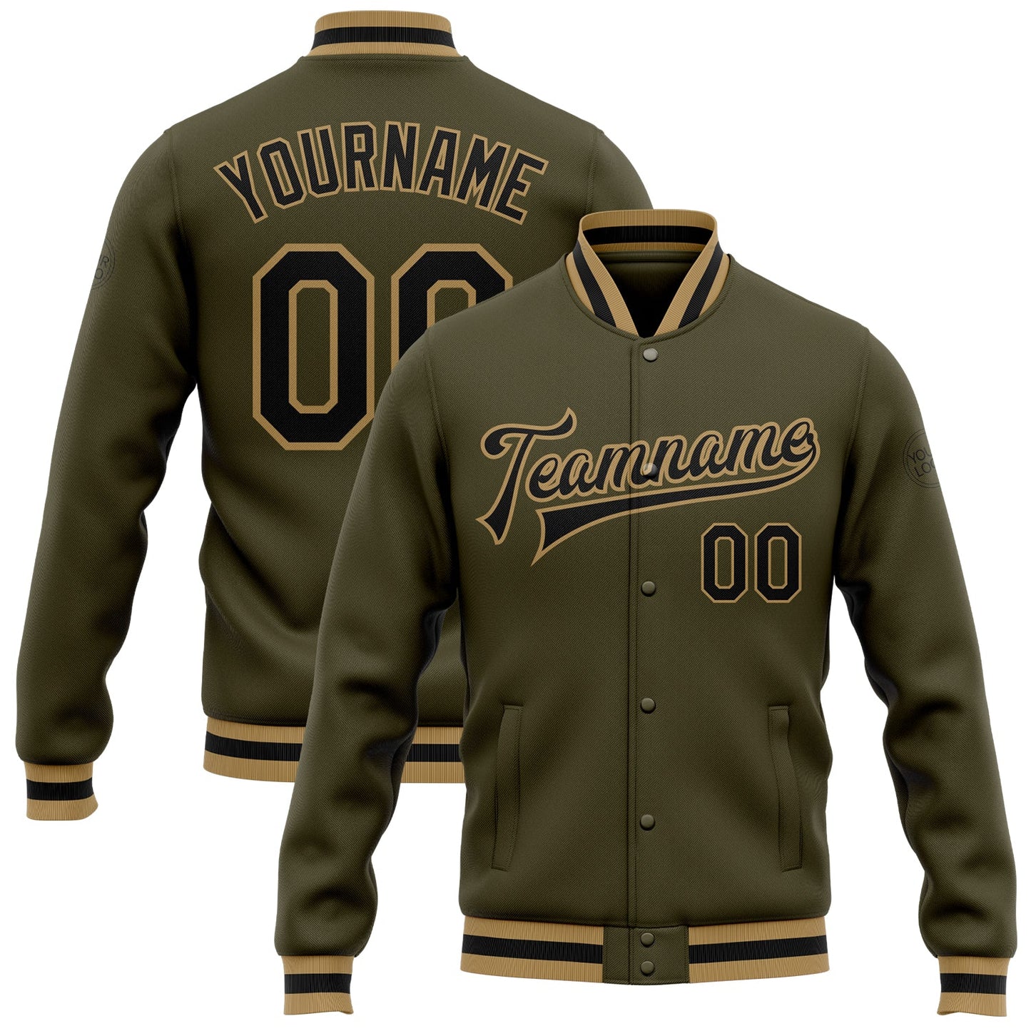 Custom Olive Black-Old Gold Bomber Full-Snap Varsity Letterman Salute To Service Jacket - Main View