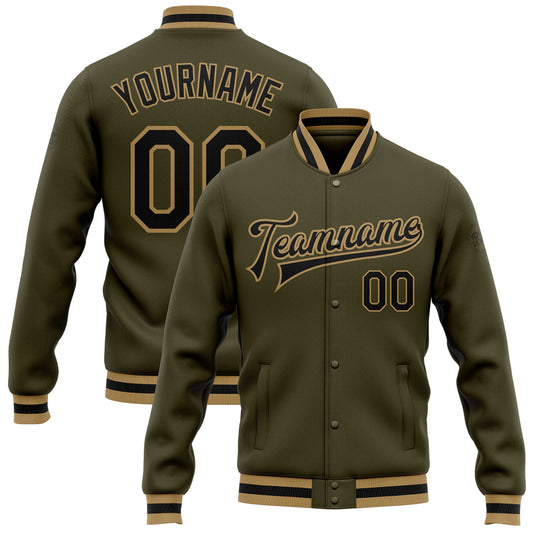 Custom Olive Black-Old Gold Bomber Full-Snap Varsity Letterman Salute To Service Jacket - Main View