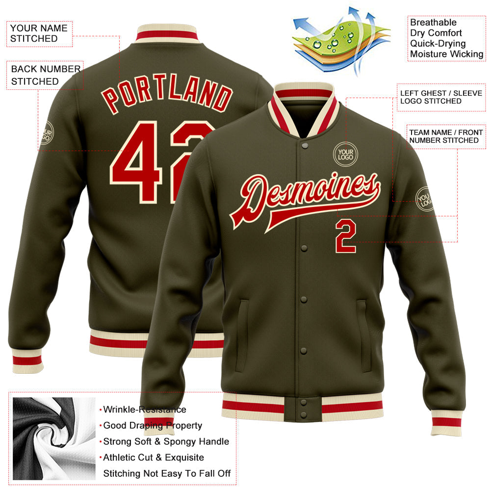 Custom Olive Red-Cream Bomber Full-Snap Varsity Letterman Salute To Service Jacket view 5
