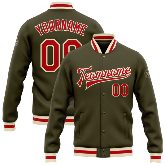 Custom Olive Red-Cream Bomber Full-Snap Varsity Letterman Salute To Service Jacket - Main View