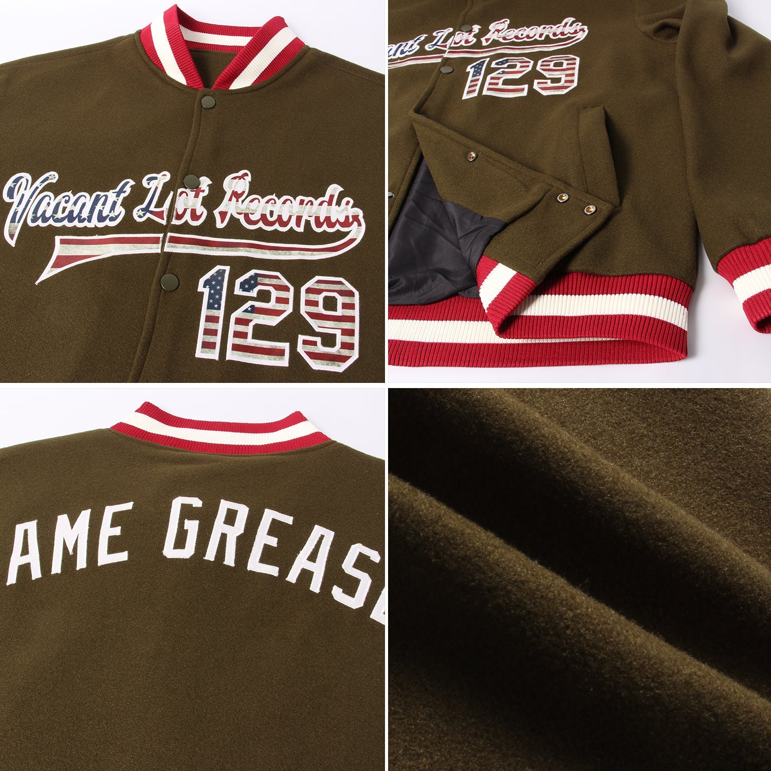 Custom Olive Vintage USA Flag Cream-Maroon Bomber Full-Snap Varsity Letterman Salute To Service Jacket view 4