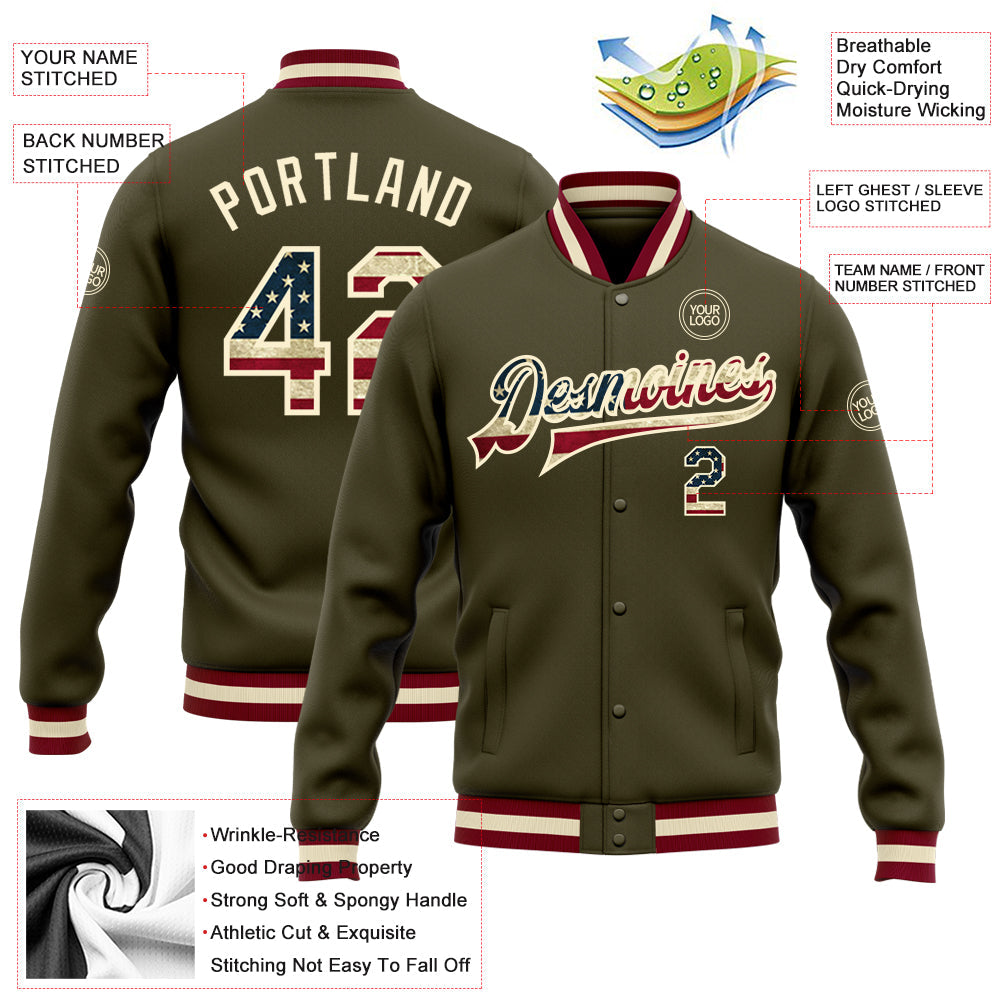 Custom Olive Vintage USA Flag Cream-Maroon Bomber Full-Snap Varsity Letterman Salute To Service Jacket view 5