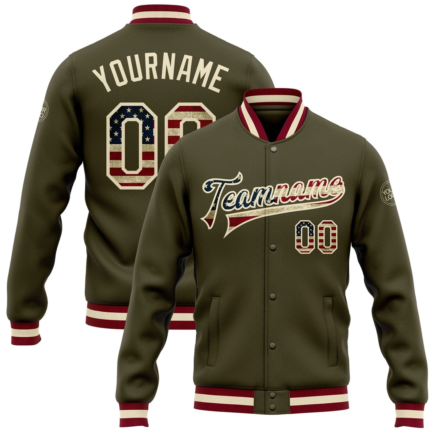 Custom Olive Vintage USA Flag Cream-Maroon Bomber Full-Snap Varsity Letterman Salute To Service Jacket - Main View