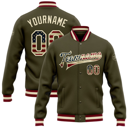 Custom Olive Vintage USA Flag Cream-Maroon Bomber Full-Snap Varsity Letterman Salute To Service Jacket - Main View