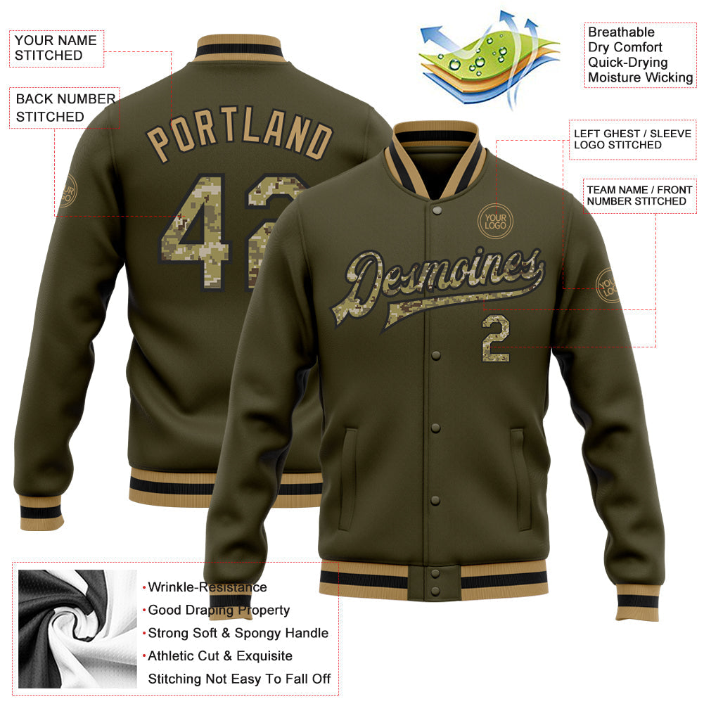 Custom Olive Camo Black-Old Gold Bomber Full-Snap Varsity Letterman Salute To Service Jacket view 5