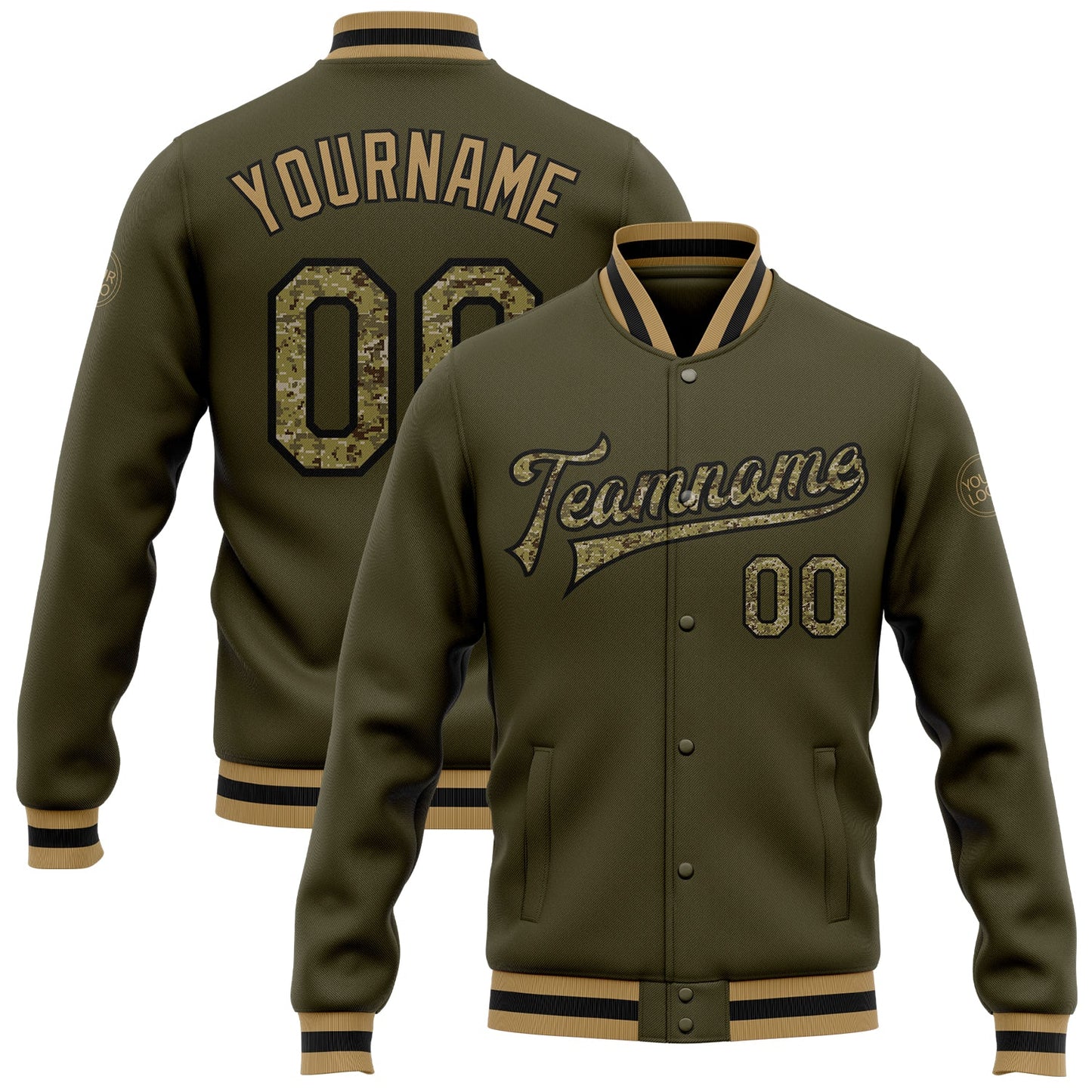 Custom Olive Camo Black-Old Gold Bomber Full-Snap Varsity Letterman Salute To Service Jacket - Main View