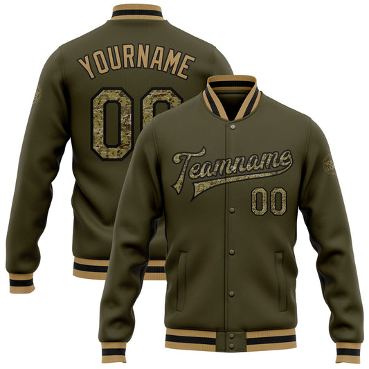 Custom Olive Camo Black-Old Gold Bomber Full-Snap Varsity Letterman Salute To Service Jacket - Main View