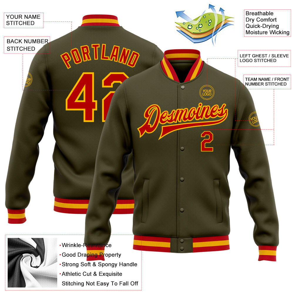 Custom Olive Red-Gold Bomber Full-Snap Varsity Letterman Salute To Service Jacket view 5