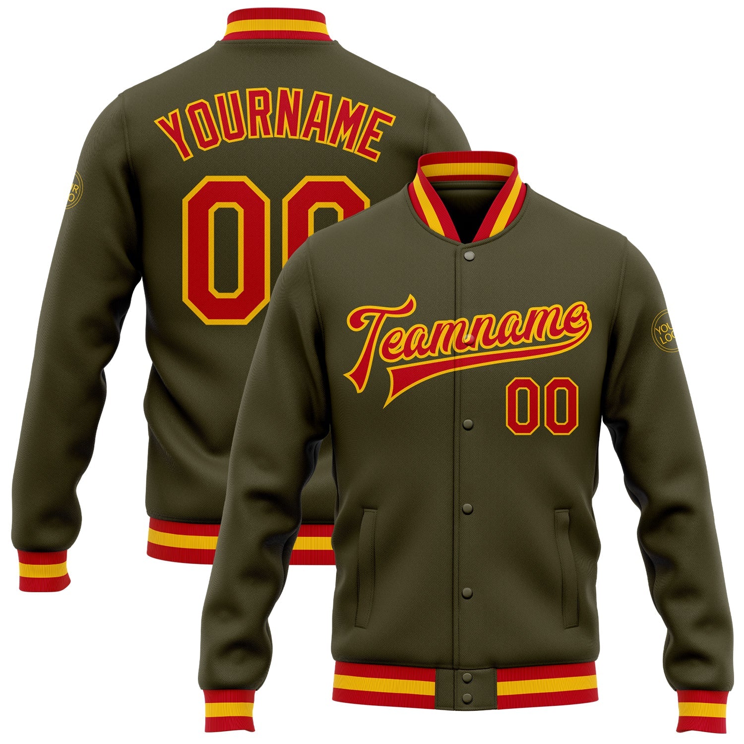 Custom Olive Red-Gold Bomber Full-Snap Varsity Letterman Salute To Service Jacket - Main View