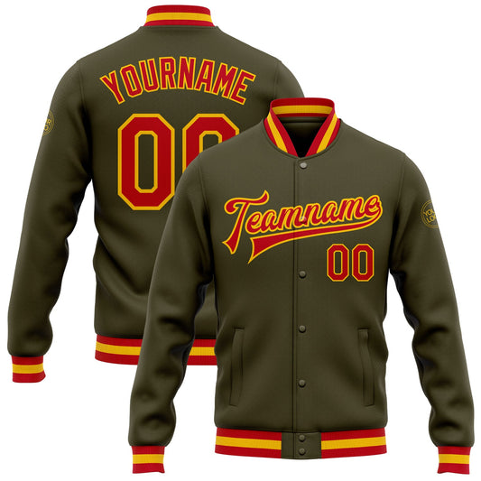 Custom Olive Red-Gold Bomber Full-Snap Varsity Letterman Salute To Service Jacket - Main View