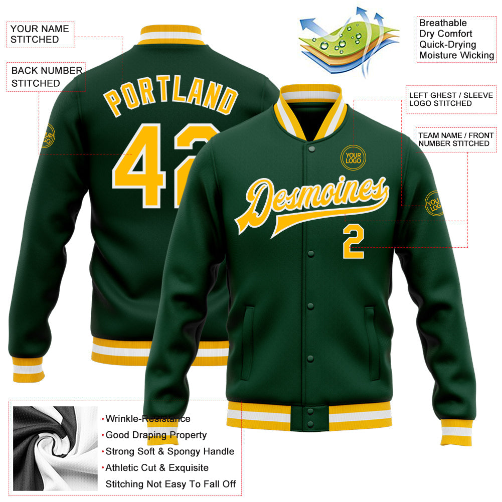 Custom Green Gold-White Bomber Full-Snap Varsity Letterman Jacket view 5