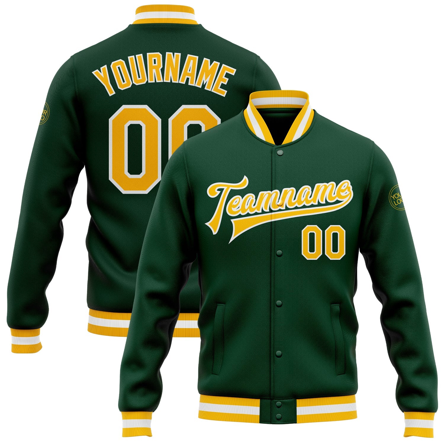 Custom Green Gold-White Bomber Full-Snap Varsity Letterman Jacket - Main View