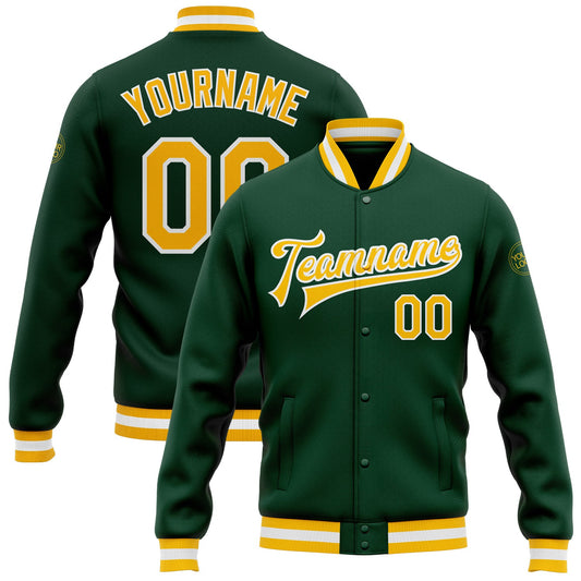 Custom Green Gold-White Bomber Full-Snap Varsity Letterman Jacket - Main View