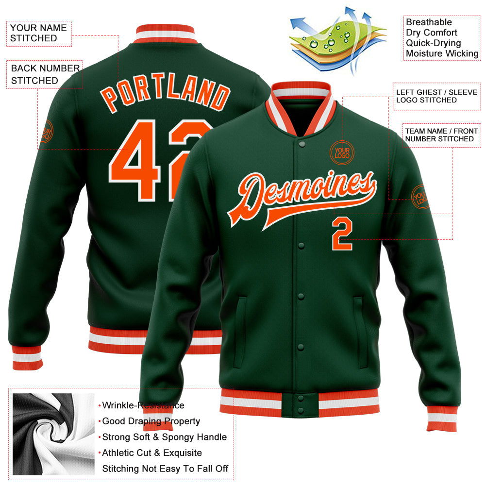 Custom Green Orange-White Bomber Full-Snap Varsity Letterman Jacket view 5