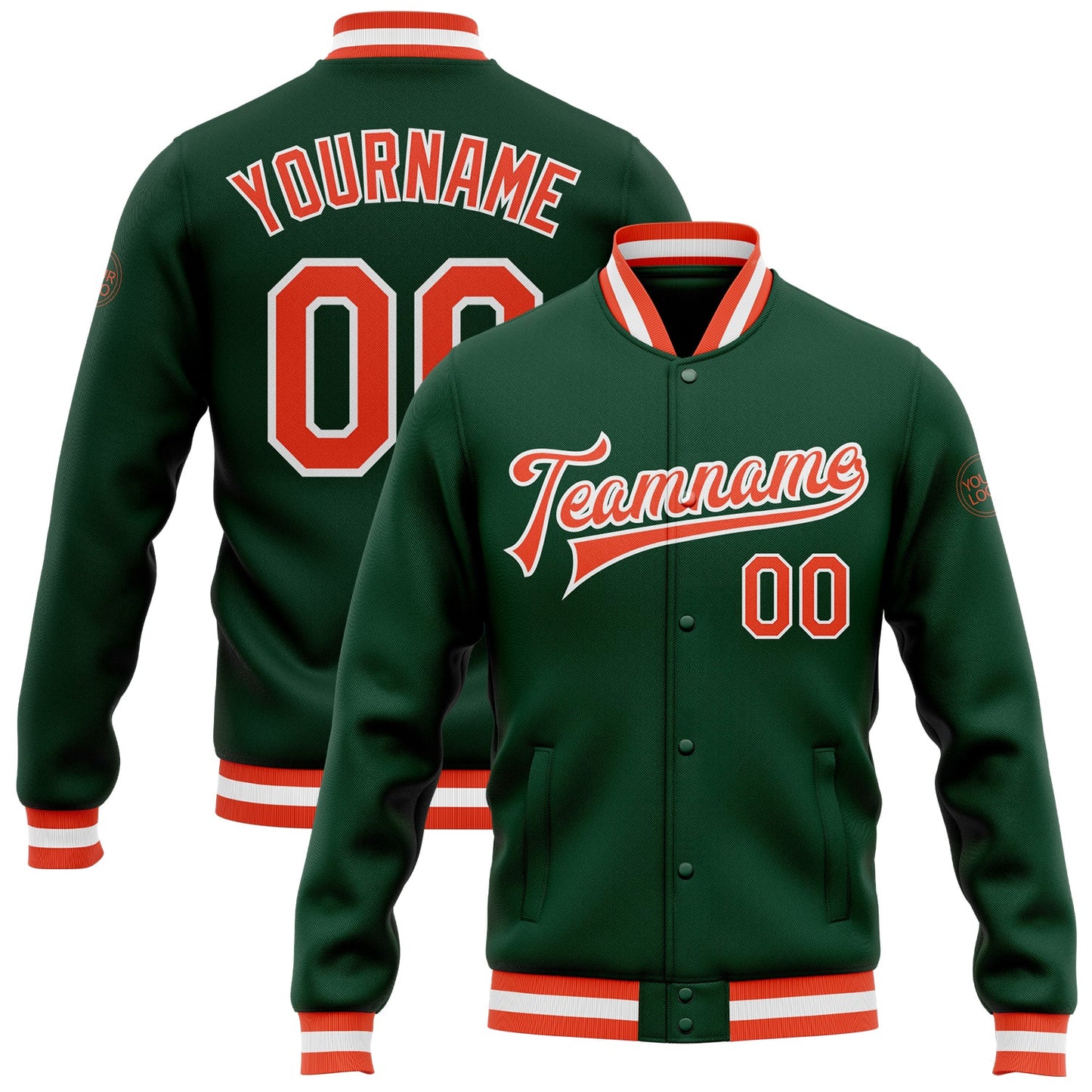 Custom Green Orange-White Bomber Full-Snap Varsity Letterman Jacket - Main View