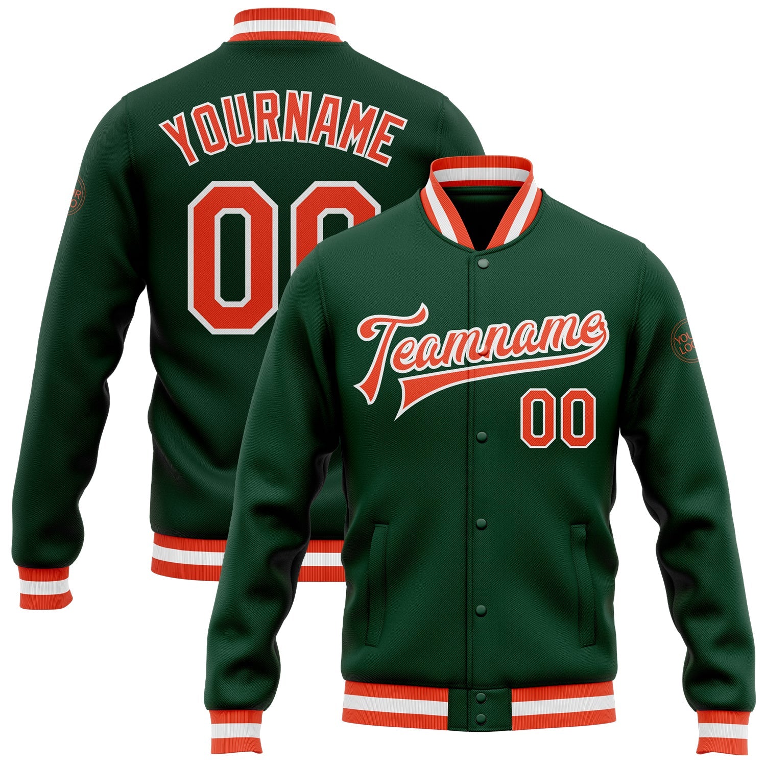 Custom Green Orange-White Bomber Full-Snap Varsity Letterman Jacket - Main View