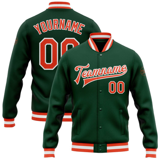Custom Green Orange-White Bomber Full-Snap Varsity Letterman Jacket - Main View