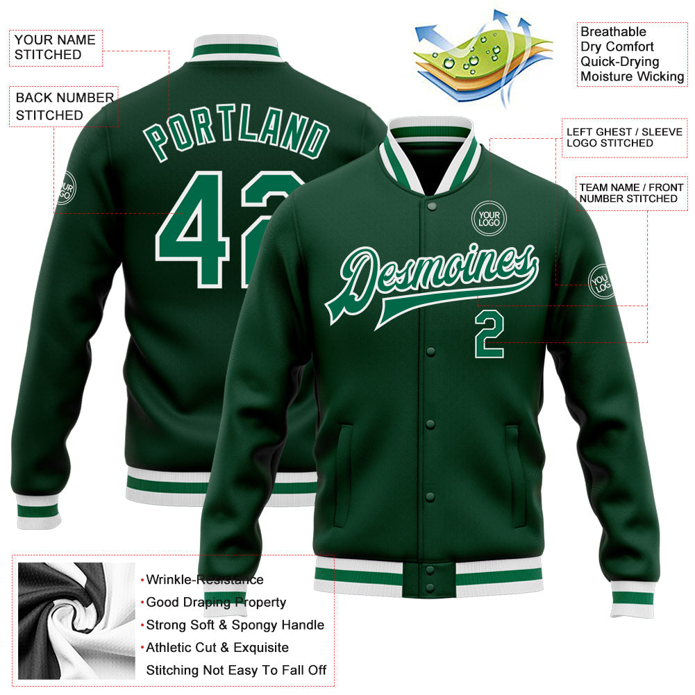Custom Green Kelly Green-White Bomber Full-Snap Varsity Letterman Jacket view 5