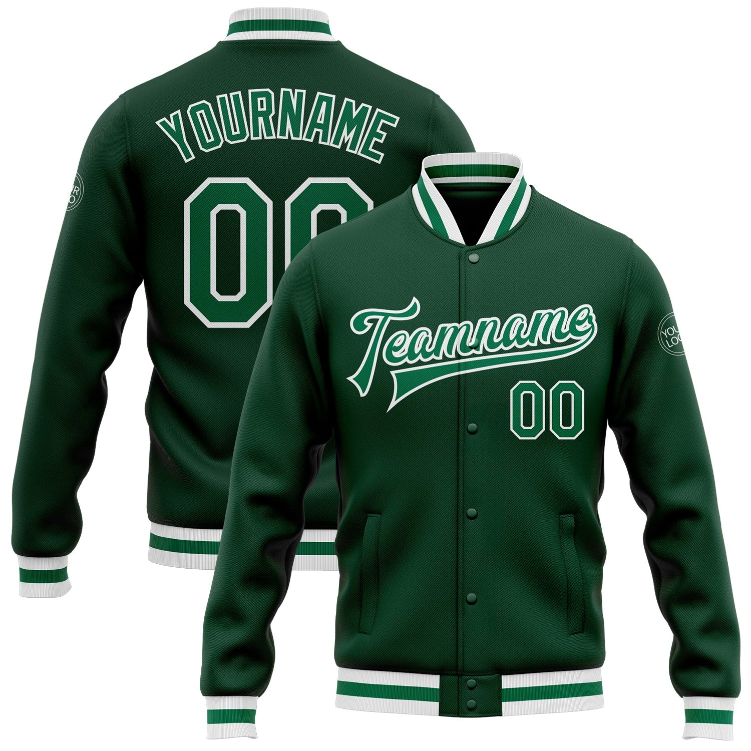 Custom Green Kelly Green-White Bomber Full-Snap Varsity Letterman Jacket - Main View
