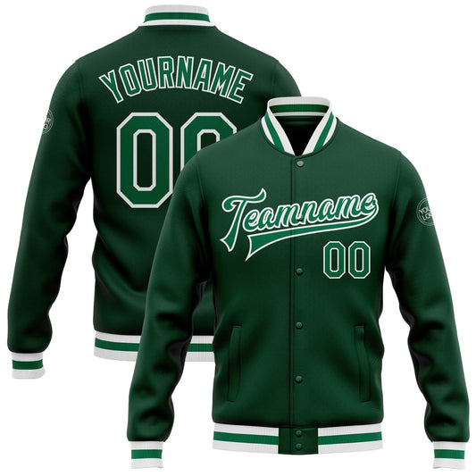 Custom Green Kelly Green-White Bomber Full-Snap Varsity Letterman Jacket - Main View