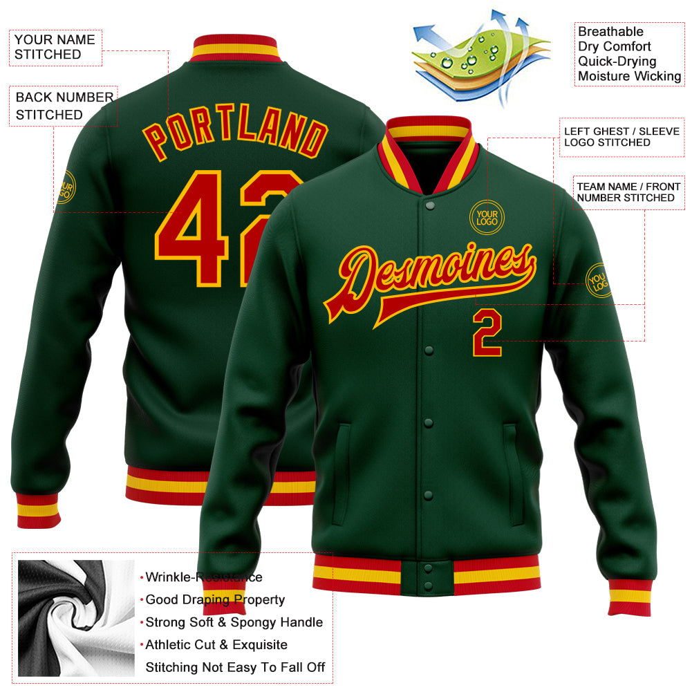 Custom Green Red-Gold Bomber Full-Snap Varsity Letterman Jacket view 5