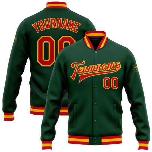 Custom Green Red-Gold Bomber Full-Snap Varsity Letterman Jacket - Main View