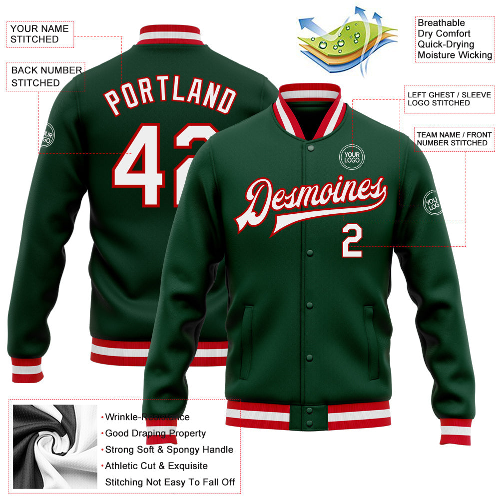 Custom Green White-Red Bomber Full-Snap Varsity Letterman Jacket view 5