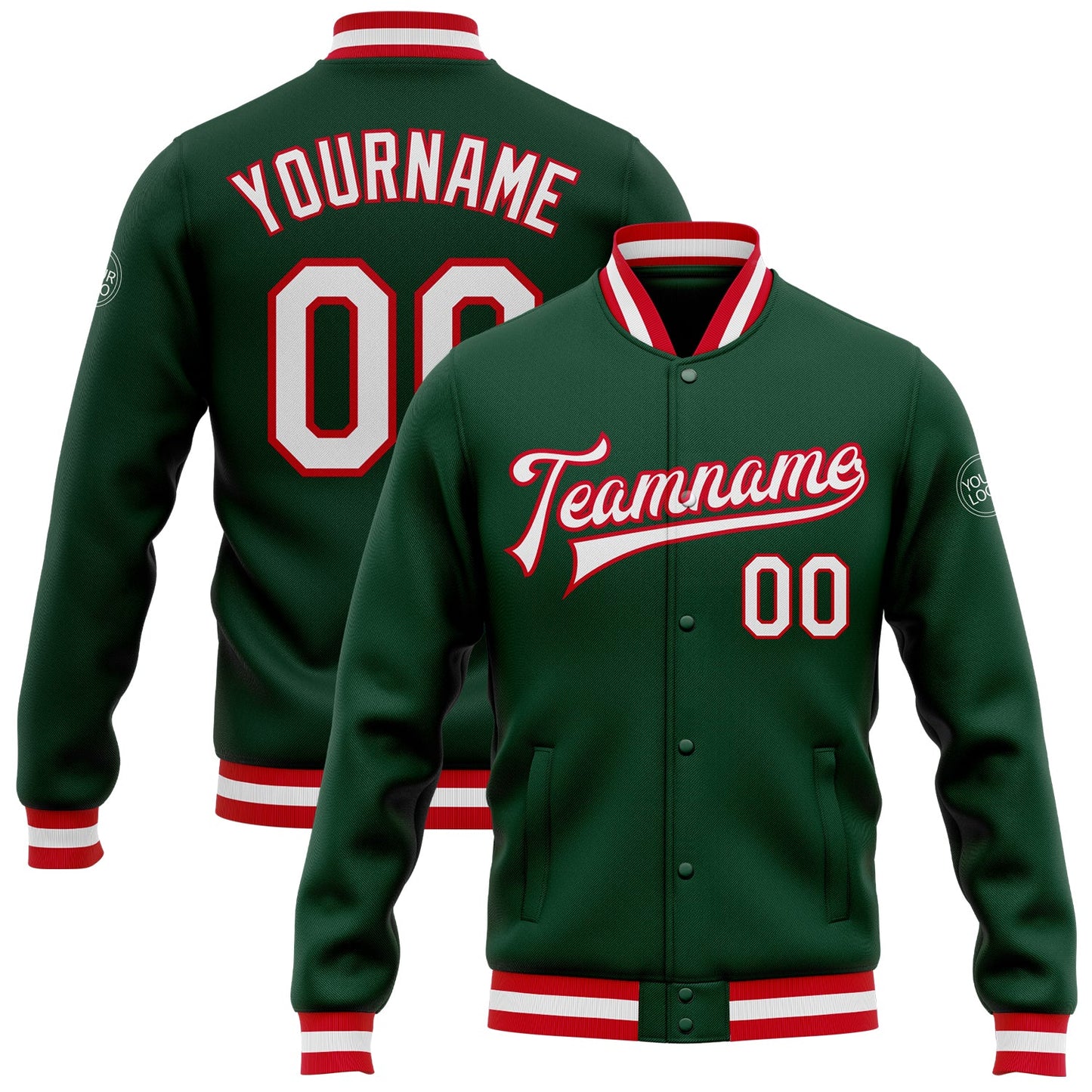 Custom Green White-Red Bomber Full-Snap Varsity Letterman Jacket - Main View