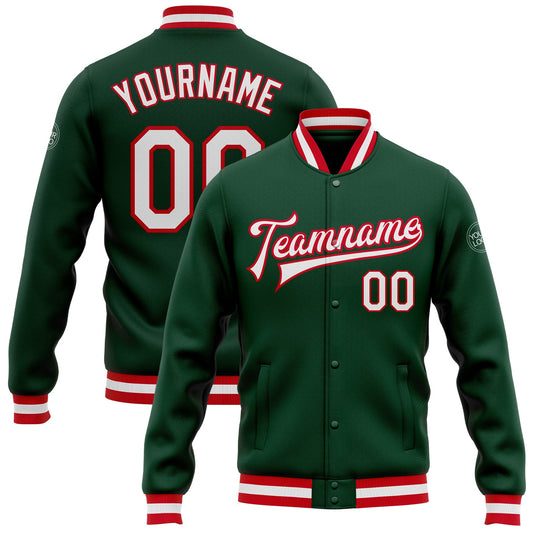 Custom Green White-Red Bomber Full-Snap Varsity Letterman Jacket - Main View