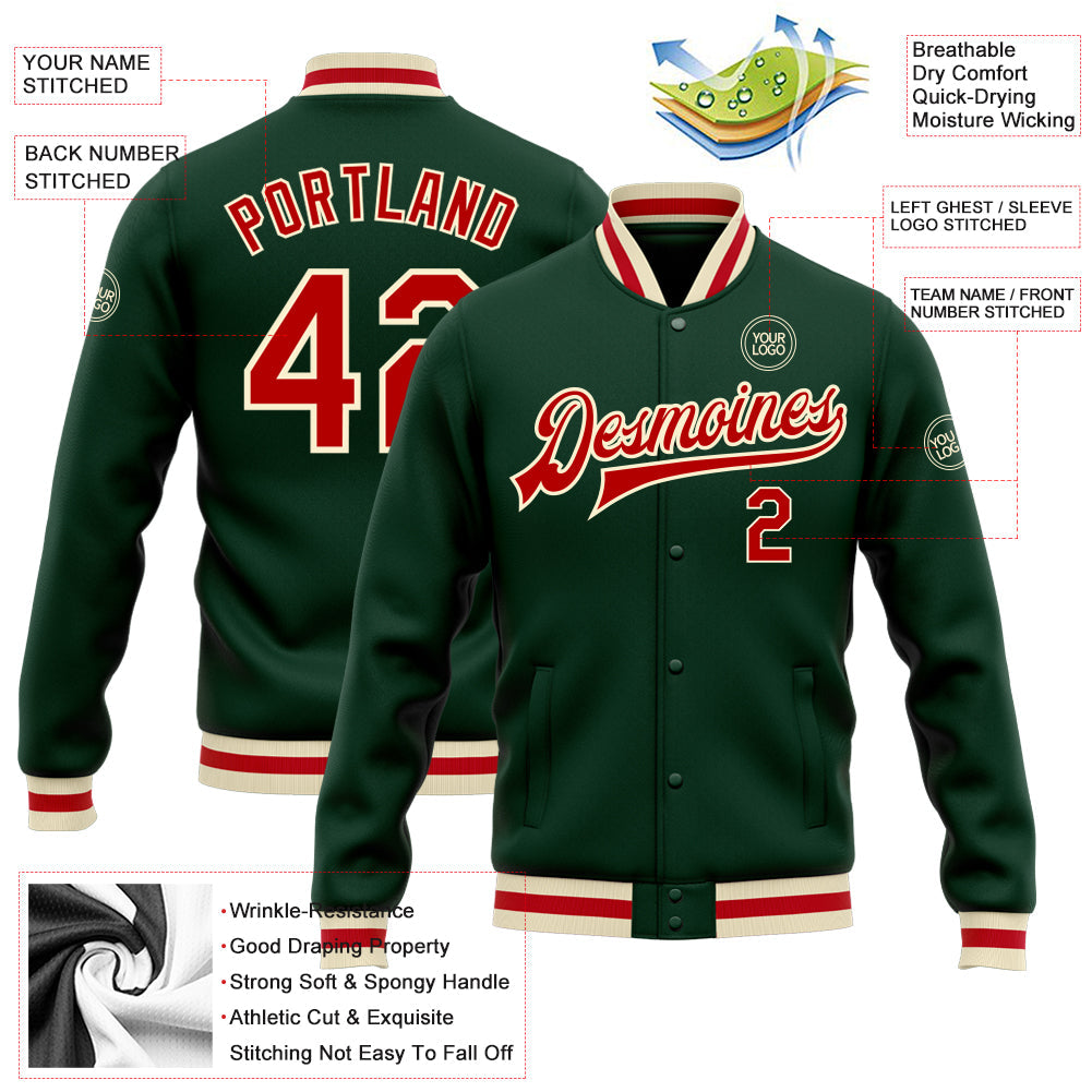 Custom Green Red-Cream Bomber Full-Snap Varsity Letterman Jacket view 5