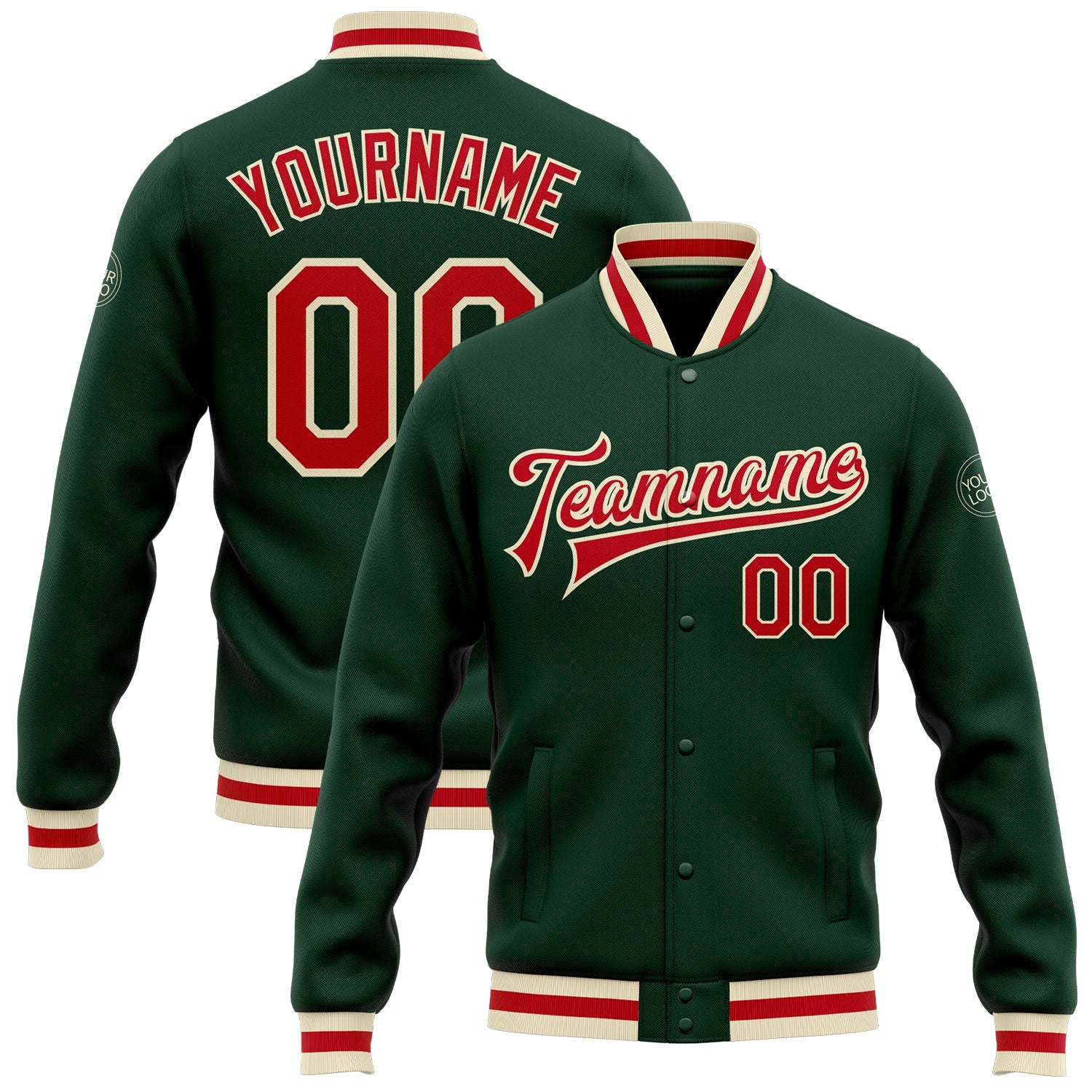 Custom Green Red-Cream Bomber Full-Snap Varsity Letterman Jacket - Main View