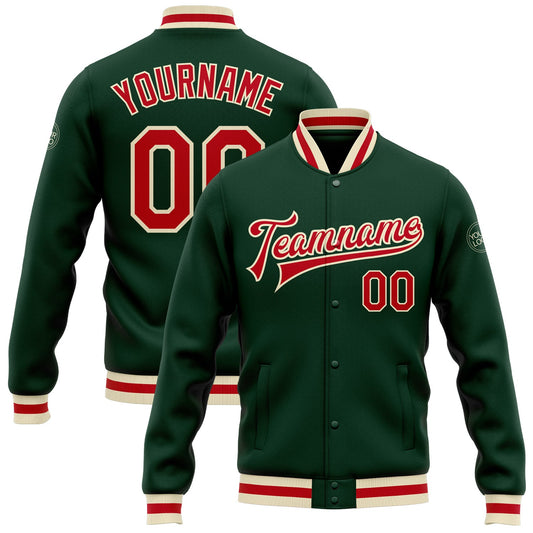 Custom Green Red-Cream Bomber Full-Snap Varsity Letterman Jacket - Main View