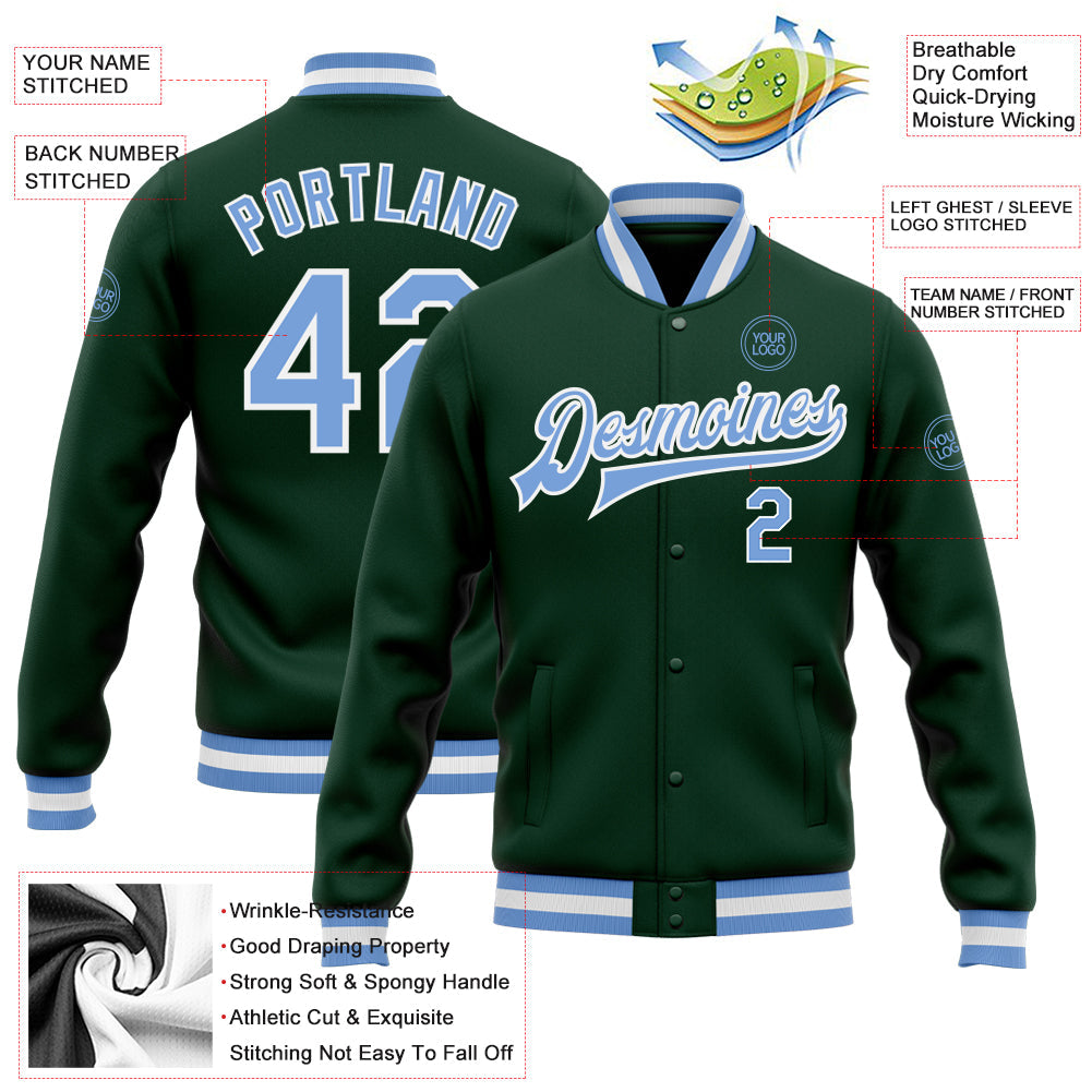 Custom Green Light Blue-White Bomber Full-Snap Varsity Letterman Jacket view 5