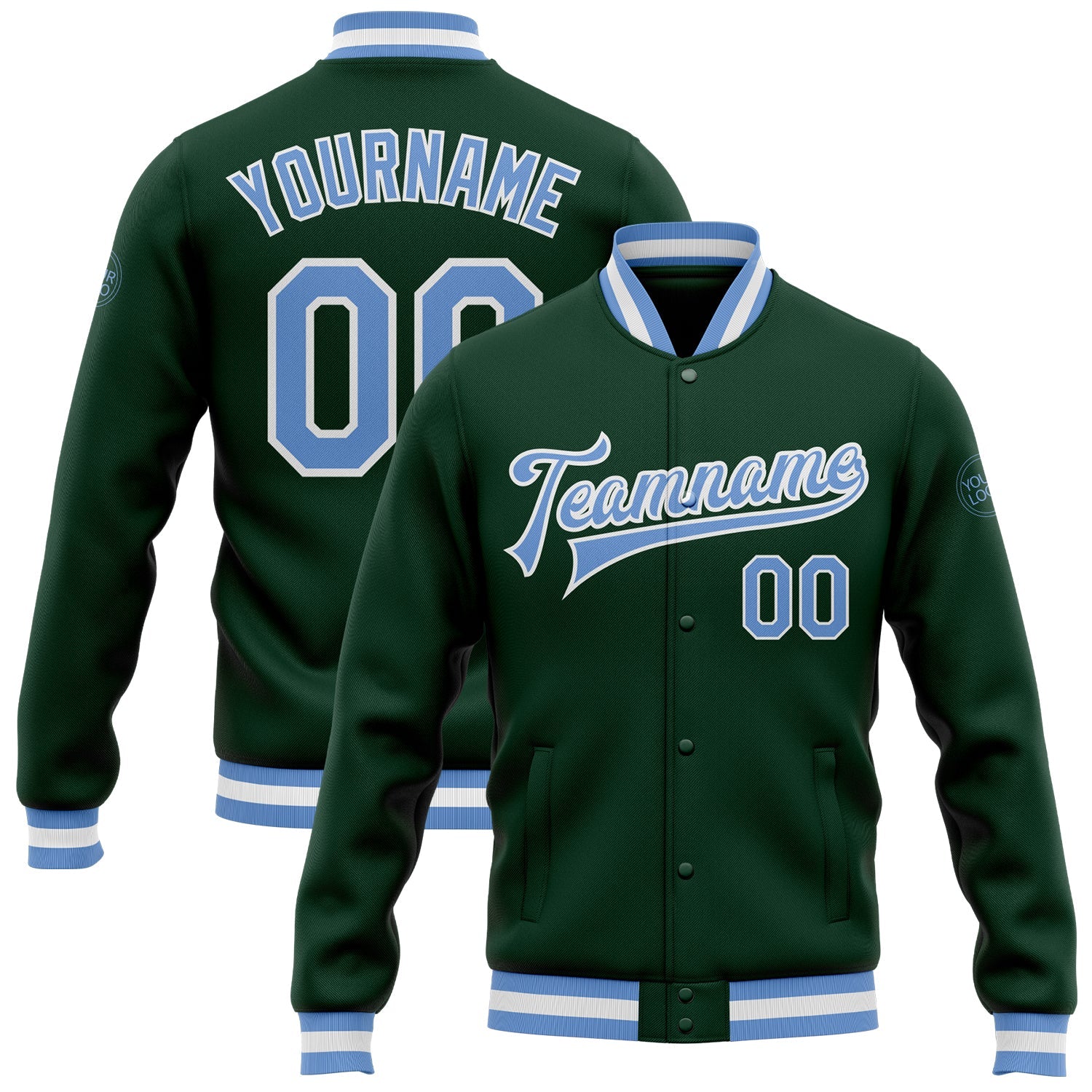 Custom Green Light Blue-White Bomber Full-Snap Varsity Letterman Jacket - Main View