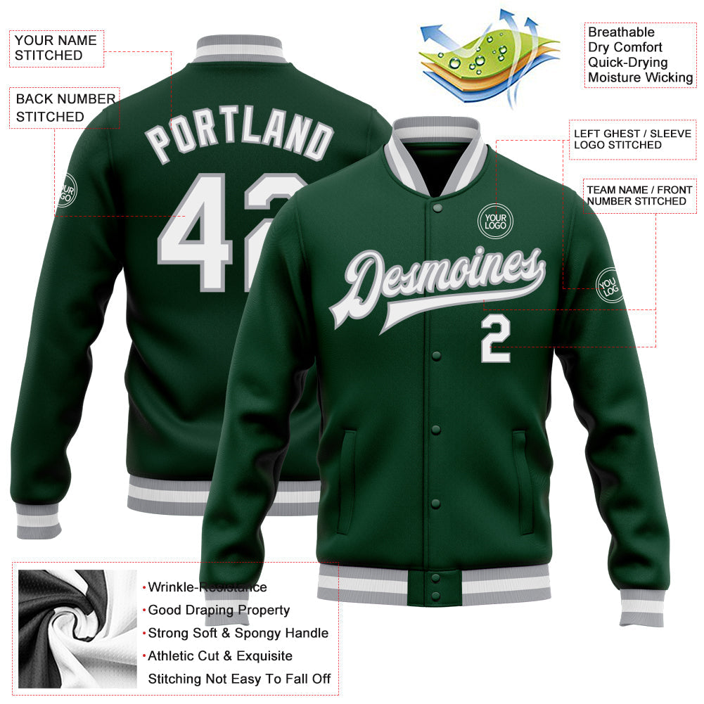 Custom Green White-Gray Bomber Full-Snap Varsity Letterman Jacket view 5