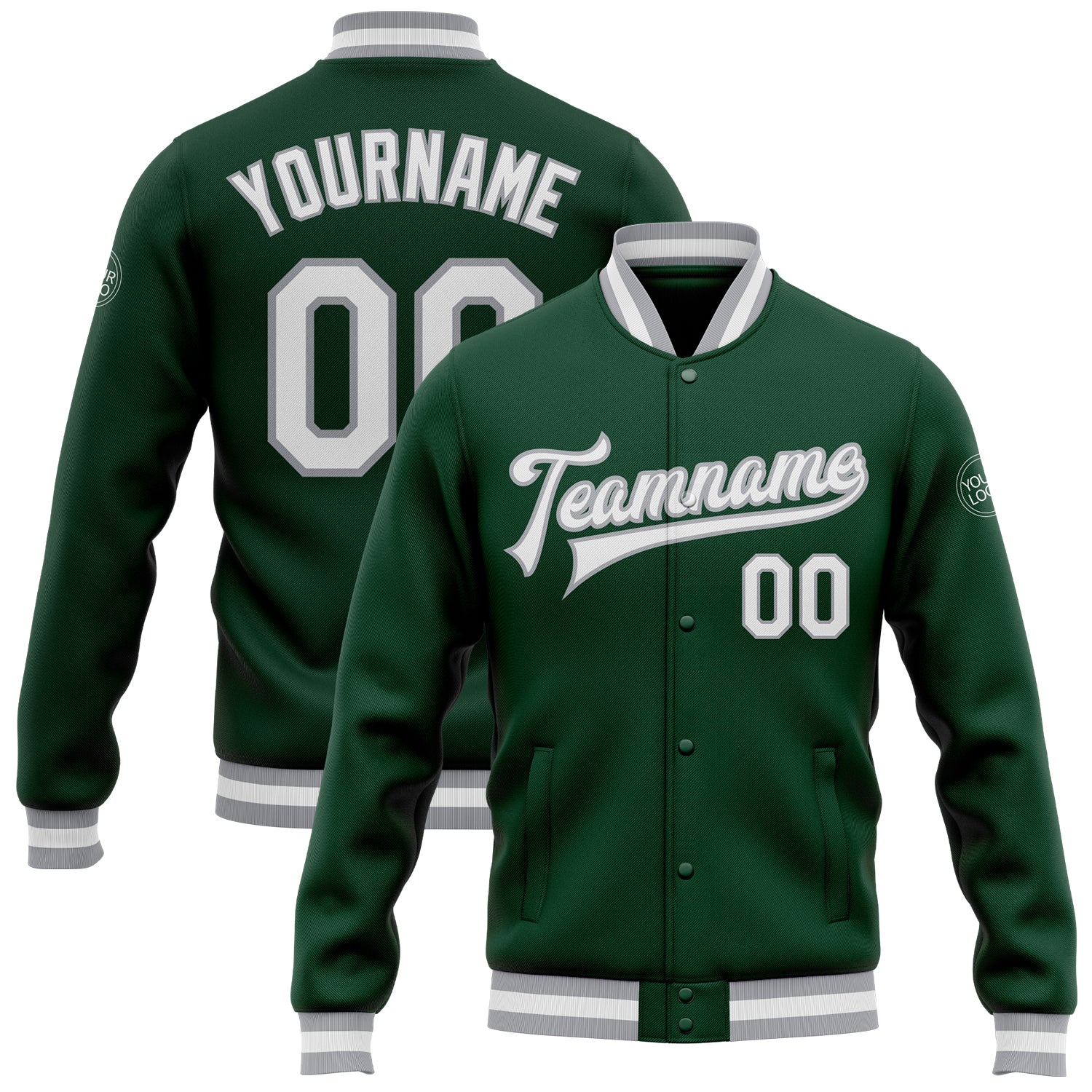 Custom Green White-Gray Bomber Full-Snap Varsity Letterman Jacket - Main View