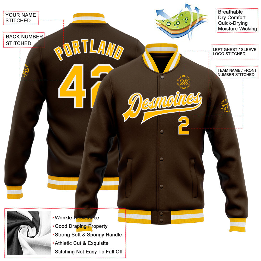 Custom Brown Gold-White Bomber Full-Snap Varsity Letterman Jacket view 5