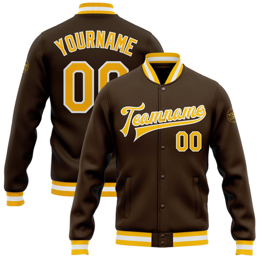 Custom Brown Gold-White Bomber Full-Snap Varsity Letterman Jacket - Main View