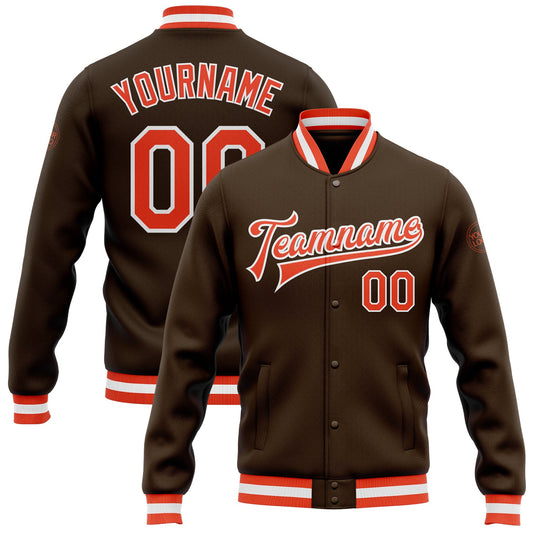 Custom Brown Orange-White Bomber Full-Snap Varsity Letterman Jacket - Main View