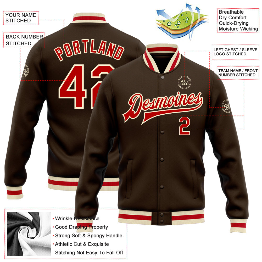 Custom Brown Red-Cream Bomber Full-Snap Varsity Letterman Jacket view 5
