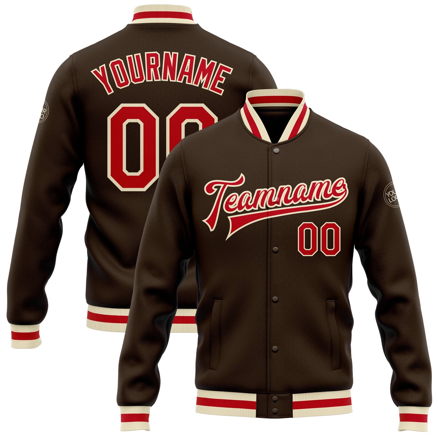 Custom Brown Red-Cream Bomber Full-Snap Varsity Letterman Jacket - Main View