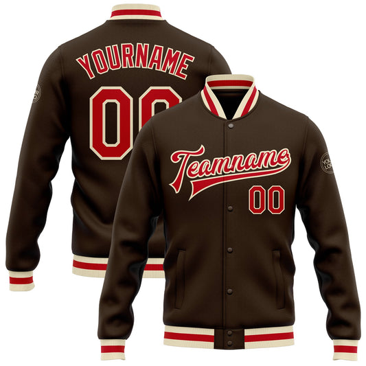 Custom Brown Red-Cream Bomber Full-Snap Varsity Letterman Jacket - Main View