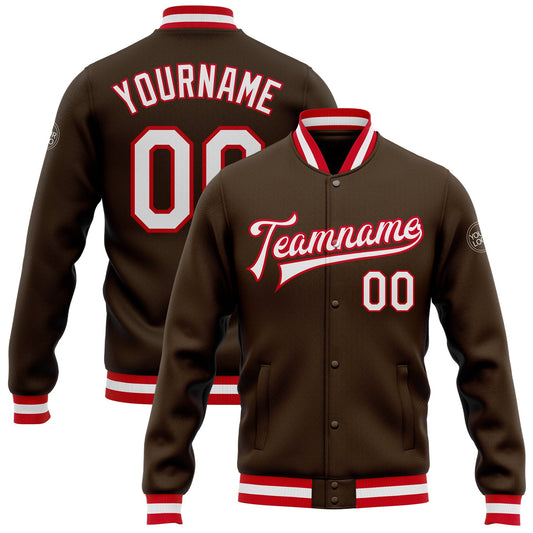 Custom Brown White-Red Bomber Full-Snap Varsity Letterman Jacket - Main View