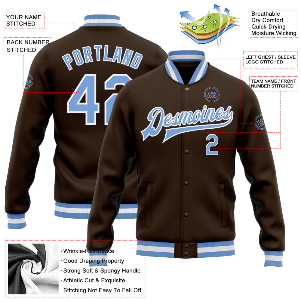 Custom Brown Light Blue-White Bomber Full-Snap Varsity Letterman Jacket view 5