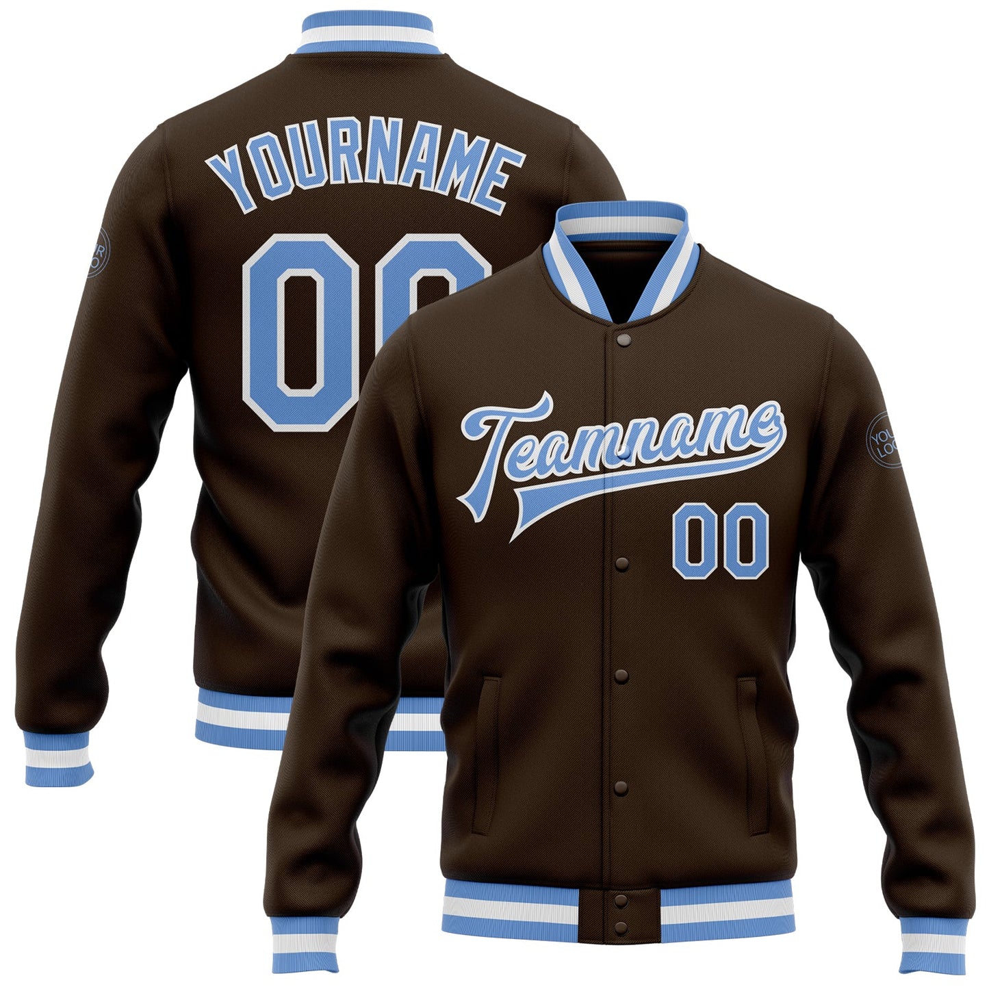 Custom Brown Light Blue-White Bomber Full-Snap Varsity Letterman Jacket - Main View