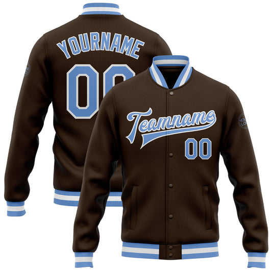 Custom Brown Light Blue-White Bomber Full-Snap Varsity Letterman Jacket - Main View