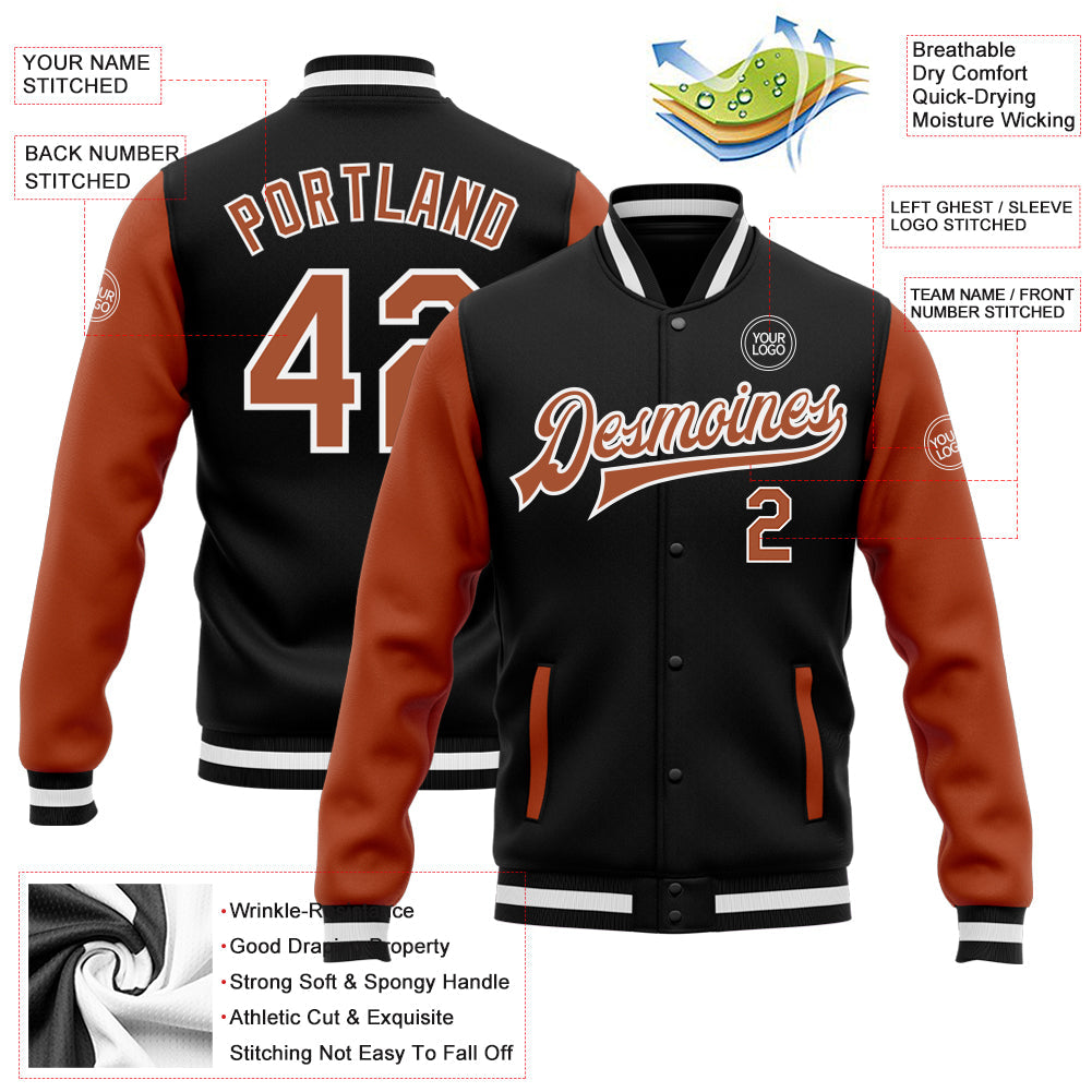 Custom Black Texas Orange-White Bomber Full-Snap Varsity Letterman Two Tone Jacket view 5