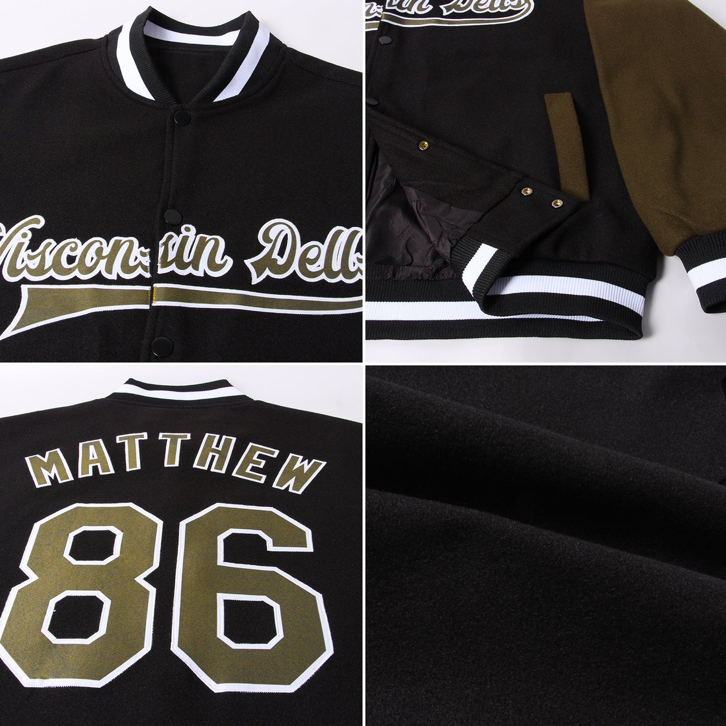 Custom Black Olive-White Bomber Full-Snap Varsity Letterman Two Tone Jacket view 4