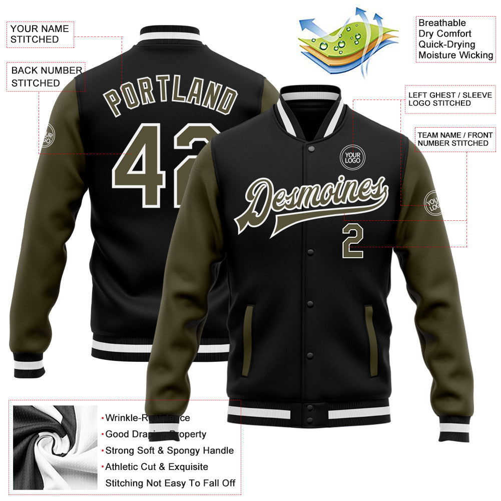 Custom Black Olive-White Bomber Full-Snap Varsity Letterman Two Tone Jacket view 5